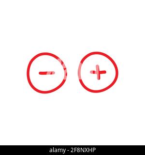 plus and minus hand drawn signs. red thin flat vector icons isolated on white. Add or plus purchase pictogram. Good for web and mobile design. Stock Vector