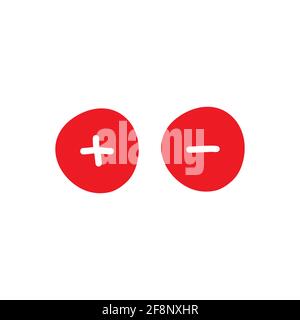 plus and minus hand drawn signs. red thin flat vector icons isolated on white. Add or plus purchase pictogram. Good for web and mobile design. Stock Vector