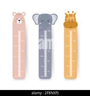 Kids height chart. Cute wall meter with boho animals. Vector template. Cartoon zoo. Design of children products in scandinavian style Stock Vector