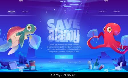 Save ocean website with turtle and octopus in plastic bags and garbage on sea floor. Vector landing page of ocean pollution with cartoon sad marine animals and pile of waste underwater Stock Vector
