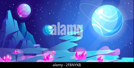 Space landscape, night alien fantasy planet surface with rocks, stone with secret sign, pink crystals and glow spheres in dark starry sky. Extraterrestrial game background, Cartoon vector illustration Stock Vector