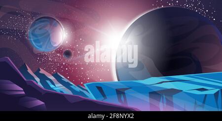 Cosmic background, alien planet deserted landscape with mountains, rocks, deep cleft and stars shine in space. Extraterrestrial computer game backdrop, parallax effect cartoon vector illustration Stock Vector