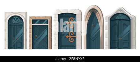Ancient doors, cartoon medieval castle wooden entries with stone doorjambs. Fairytale palace vintage building architecture design with forged decoration and knobs, vector illustration, icons set Stock Vector