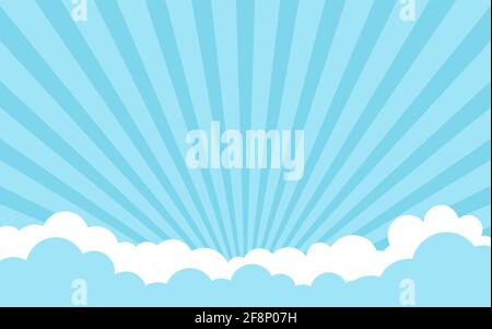 Clouds and rays background. Vector horizontal illustration. Billboard, poster, banner. Bright sky and sun shine background. Blue and white clouds on b Stock Vector