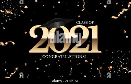 Graduation class of 2021 with graduation cap hat and confetti. Vector ...