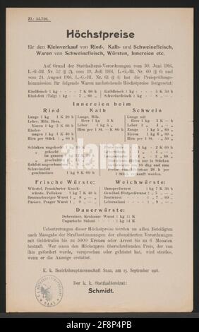 Defining the maximum prices for meat - SAAZ Maximum tariffs of various types of meats and products such as veal, offal, fat or sausages such as Frankfurt cracking sausages, liver salami or deburziner for retail sales - transgressions punishable - K. K. District Hauptmannschaft Saaz, on September 15, 1916 (Official Seal) - The K. k. Institutioniary: (Franz Josef) Schmidt - Zl.: 33.720 Stock Photo