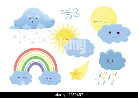Cute weather icons set in cartoon flat style isolated on white background. Vector illustration of sun, rain, storm, snow, wind, moon, star, rainbow. F Stock Vector