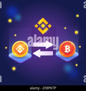 concept of binance, exchange platform crypto, binance token with bitcoin token vector on dark background Stock Vector