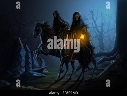 Two riders dark skeletons in the spooky forest. Evil monsters by the moonlight on the horses. Digital painting illustration. Stock Photo