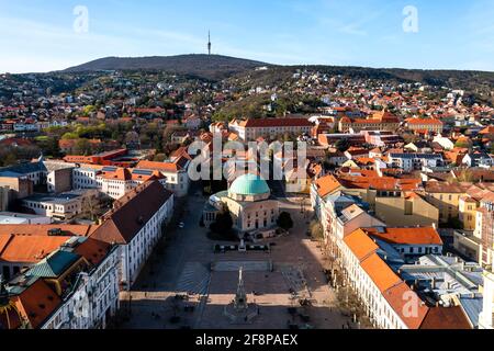 Aerial photo about the Szechenyi square in Pecs city Hungary. Amazing view with the downtown's church what name is Dzsami. Stock Photo