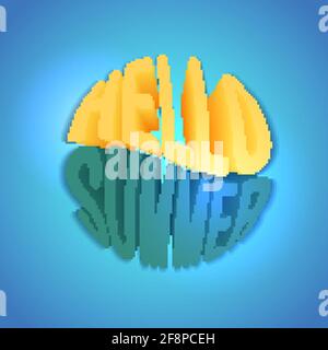 Hello summer. Bright 3D lettering with volume. Round vector inscription for banners, stickers and cards. Trend quote on blue background. Stock Vector