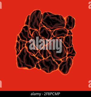 Illustration of lava with stones. Magma from molten rock. Eruption with Earthquake. Natural disaster. Vector image for card, sticker, banner Stock Vector