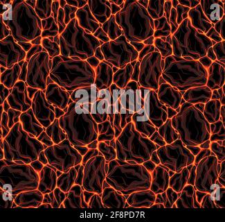 Seamless pattern of lava with stones. Magma from molten rock. Eruption with Earthquake. Natural disaster. Vector texture for fabrics, wrapping paper a Stock Vector