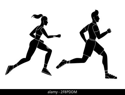 Set of black silhouettes of running man and woman. Jogging. The modern persons involved in sports. Icons and logos of marathon athletes. Vector flat i Stock Vector