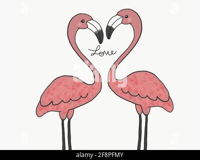 Couple pink flamingo birds love watercolour painting illustration Stock Photo