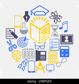 Back to school flat vector background. White icons on green chalkboard. Stock Vector