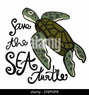 Save the sea turtle cartoon vector illustration Stock Vector