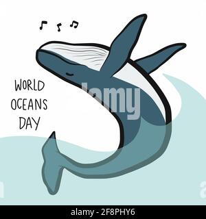 Whales dancing, World oceans day cartoon vector illustration Stock Vector