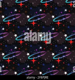 Cosmos space seamless pattern, stars shapes, clouds, galaxy spirals. Modern bright illustration, transparency effects, dark grey, black background Stock Vector