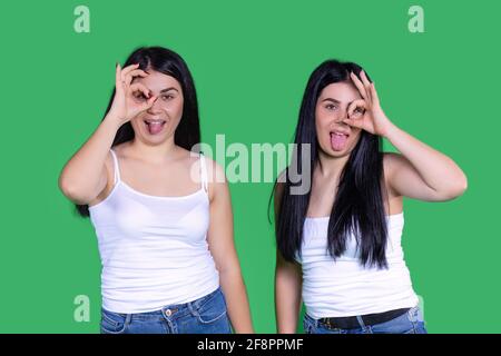 Waist up shot of pleased amused proud cool young two sisters women gesturing good job or well done, makes okay gesture, symbol of approval and like Stock Photo