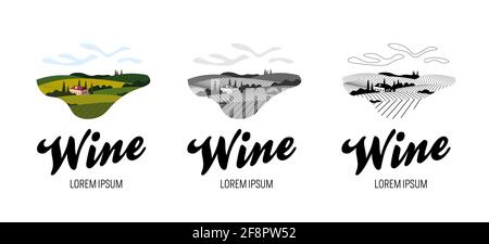 Rural vineyard fields, villa, trees set in colorful, grey, line vintage style. Trendy concept for wine list, bar or restaurant menu, labels and production package. Winery landscape vector illustration Stock Vector