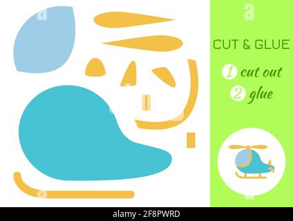 Cut and glue paper cartoon turquoise helicopter. Cut and paste craft activity page. Educational game for preschool children. DIY worksheet. Kids logic Stock Vector