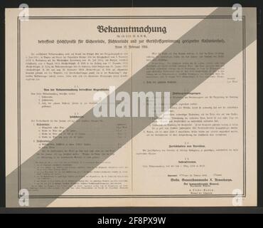 Maximum prices for oak and spruce bark as well as chestnuts - announcement - Hannover 'Announcement on maximum prices for oak bark, spruce bark and fortifications suitable chestnuts' - legal basis - § 1 affected items: '1. Oak bark, 1st spruce bark, 3rd wood of the tame chestnut ( Insofar as it serves for tannet extraction), whole or crushed - § 2 maximum price according to Art - § 3 Terms of payment - § 4 Retaining reserves - § 5 Entry into force - Regarding authority. Deputy General Command X Army Corps. The commanding general. V. Linde-Suden, General of the Infantry (Printed) - No. Ch. II 1 Stock Photo