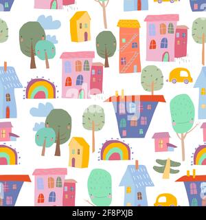 Seamless Pattern with colorful Houses on white Background Stock Vector