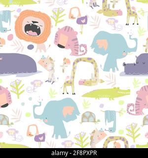 Seamless pattern with color wild animals on white background Stock Vector