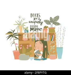 Cute Little girl reading Book at Home Stock Vector