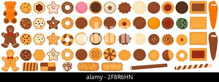 Illustration on theme big set different biscuit, kit colorful pastry cookie. Cookie consisting of collectible natural tasty food biscuit, pastry acces Stock Vector