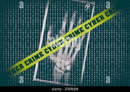 CYBER CRIME on barricade tape with human hand xray and binary code as background Stock Photo