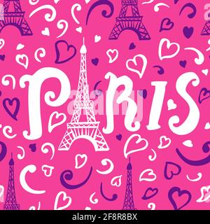 Seamless pattern. Illustration white and purple ink Eiffel Tower. Decorations isolated on bright pink background. Handwritten inscription Paris Stock Vector