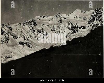 Panorama: Italian positions from the Albiolo to Ercavallo, own field home 4.5.6. and remote view to Monte Vioz. Position: Laghetti I. to Valbiolo. (3rd part image.). Stock Photo