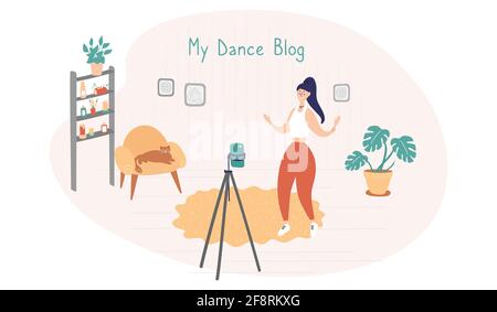 Blogger. Young woman records video. Dancer is dancing in front of camera. Girl shoots funny video for social networks. Vector hand drawn illustration Stock Vector