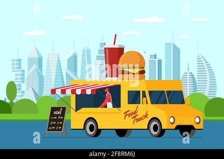 Fast food yellow truck in modern city park. Burger and beverage on van roof. Hamburger with soda car delivery service or festival on street cuisine wheels vector eps illustration Stock Vector
