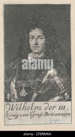 Wilhelm III., Prince of Orania, King of England as King: Chest Image, En Face from Left; with allon wig; in Harnic, with porch, collains of trouser band order; Melted cloak around the right shoulder; Below the representation two-line. German legend, line environment. Copper engraving, without termination [Georg Paul Busch, Berlin, attributed]. Stock Photo