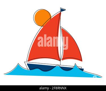 Sailboat on the waves with line art elements. Nautical theme. Vector illustration on white background Stock Vector