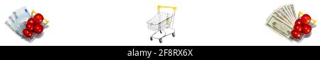 Red ripe tomatoes in two shopping carts with euro and dollar bills under them, cart with a single white egg in the middle. Isolated on white backgroun Stock Photo