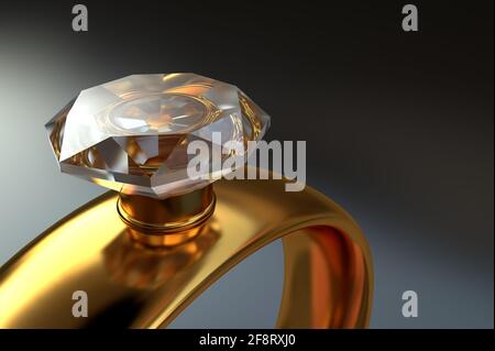 3D Gold ring with a large diamond close-up on a dark background Stock Photo