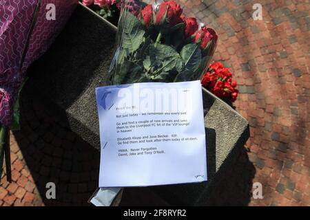 Sheffield, UK. 15th Apr, 2021. A note along with some flowers are laid on the memorial outside Hillsborough on the 32nd anniversary of the Hillsborough disaster in which 96 men, women and children lost their lives attending the FA Cup semi final between Liverpool and Nottingham Forest. in Sheffield, UK on 4/15/2021. (Photo by Mark Cosgrove/News Images/Sipa USA) Credit: Sipa USA/Alamy Live News Stock Photo