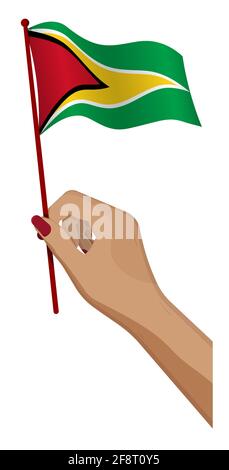 Female hand gently holds small Guyana flag. Holiday design element. Cartoon vector on white background Stock Vector