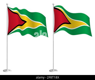 flag of Guyana on flagpole waving in wind. Holiday design element. Checkpoint for map symbols. Isolated vector on white background Stock Vector