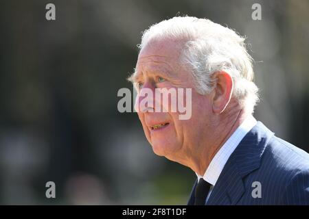 The Prince of Wales visits the gardens of Marlborough House, London, to view the flowers and messages left by members of the public outside Buckingham Palace following the death of the Duke of Edinburgh on April 9. Picture date: Thursday April 15, 2021. Stock Photo