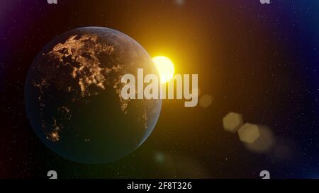 beautiful planet earth continent Europe in space city lights solar disk. 3d render Stock Photo