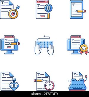 Writing SEO text RGB color icons set Stock Vector