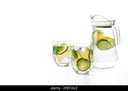 Sassy water or water with cucumber and lemon in jar isolated on white background Stock Photo