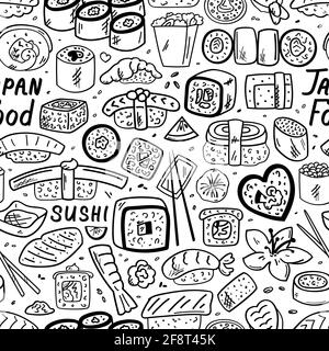 Sushi, rolls, pattern, doodle, sketch, vector illustration for advertising Picture for wrapper or windows Stock Vector