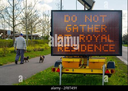 Taplow, Buckinghamshire, UK. 15th April, 2021. Following the sad passing of Prince Philip, a private funeral will be held at St George's Chapel in the grounds of Windsor Castle on Saturday 17th April 2021. Given the Covid-19 restrictions, a large LED sign on the A4 tells locals not to gather at Royal residences, however, it is expected that many people will still go into Windsor on Saturday. Credit: Maureen McLean/Alamy Live News Stock Photo