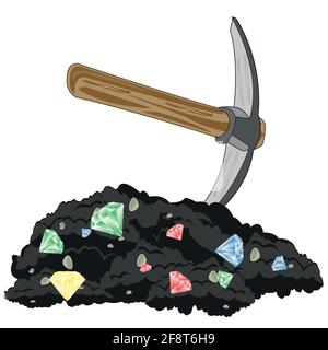 Vector illustration worker tools pickax and heaps of ground with jewels Stock Vector